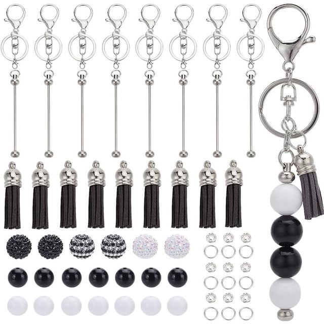 DIY 6 Sets Beadable Keychains Making Kit Keychain Set Beadable Keychains Black White Rhinestone Beads for Key Chains Crafts Teachers Students Gifts Office School Gift Supplies