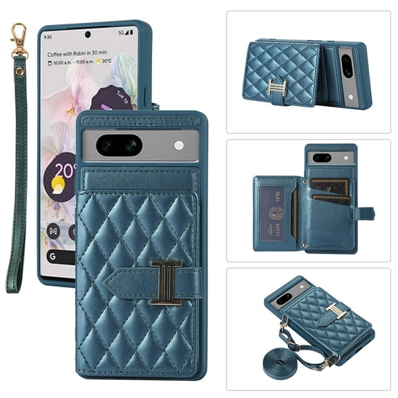 for Google Pixel 7a Detachable Shoulder Strap Wallet Case, with Card Slots & 360-degree Rotation Stand Ring Flip Premium PU Leather Protective Cover Lanyard for Women Girls, Darkgreen