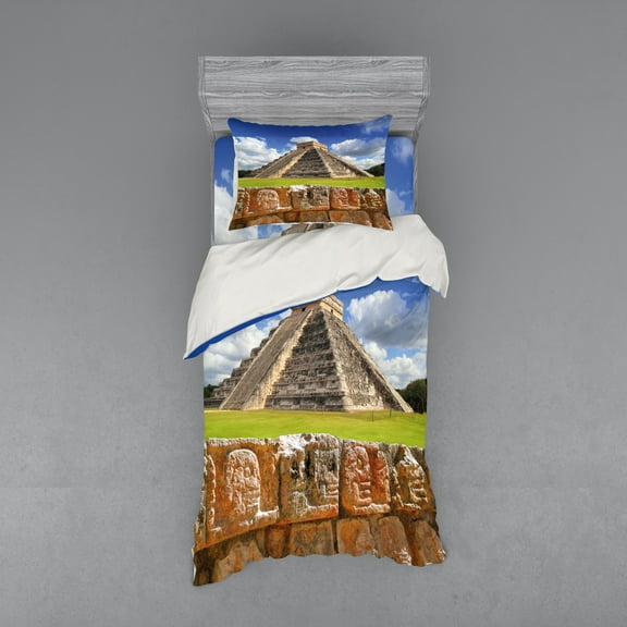 Ambesonne Vintage Bedding Set 3 Pcs, Wall of Skulls Pyramid, Twin, Charcoal Grey Lime Green