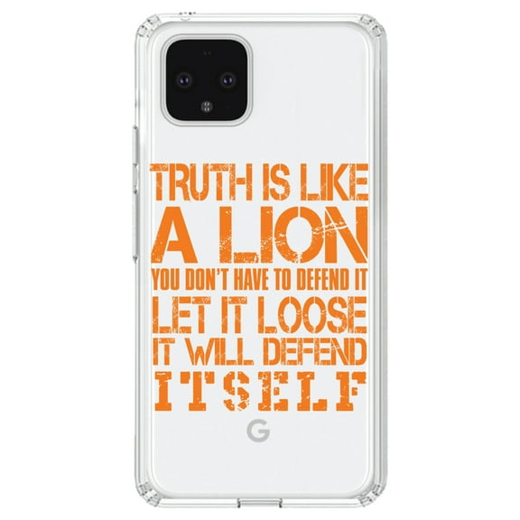DistinctInk Clear Shockproof Hybrid Case for Google Pixel 4 (6.1" Screen) - TPU Bumper Acrylic Back Tempered Glass Screen Protector - Truth is Like Lion - Don't Have to Defend