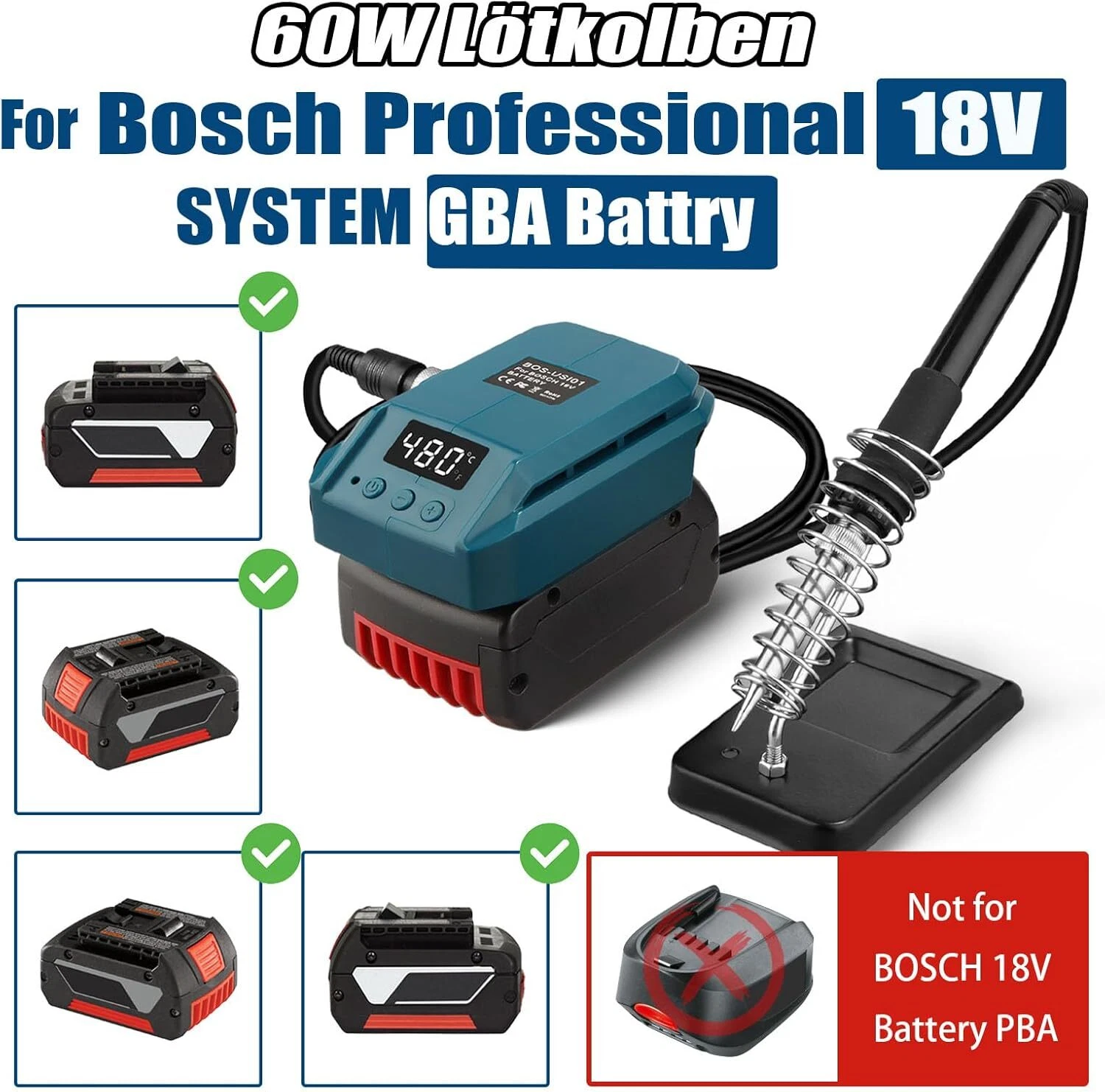 Cordless 60W Electric Cordless Soldering Iron LCD Welding Tool For Bosch 18V GBA