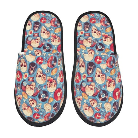 Balery music Skull record Retro Slient Indoor Furry Fleece Comfort House Shoes Soft Non-Slip Home Shoes Cotton slippers House Slippers-- Large