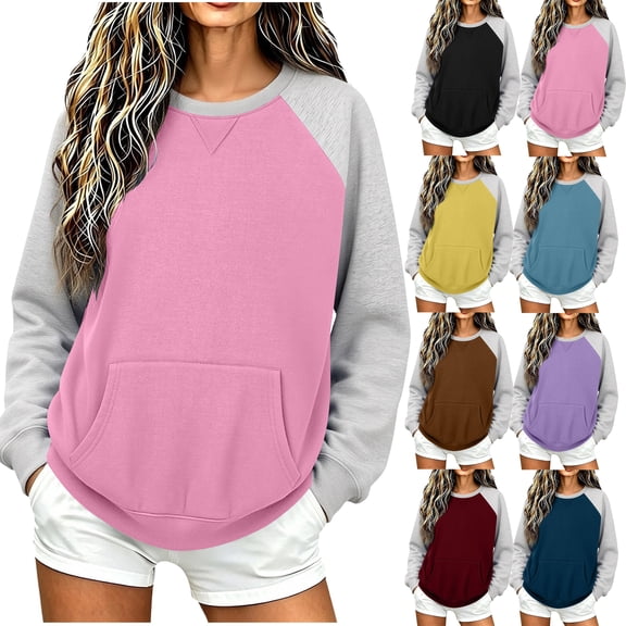 Women's Crewneck Sweatshirts Oversized Casual Casual Round Neck Solid Color Pocket Long Sleeve Sweatshirt Top