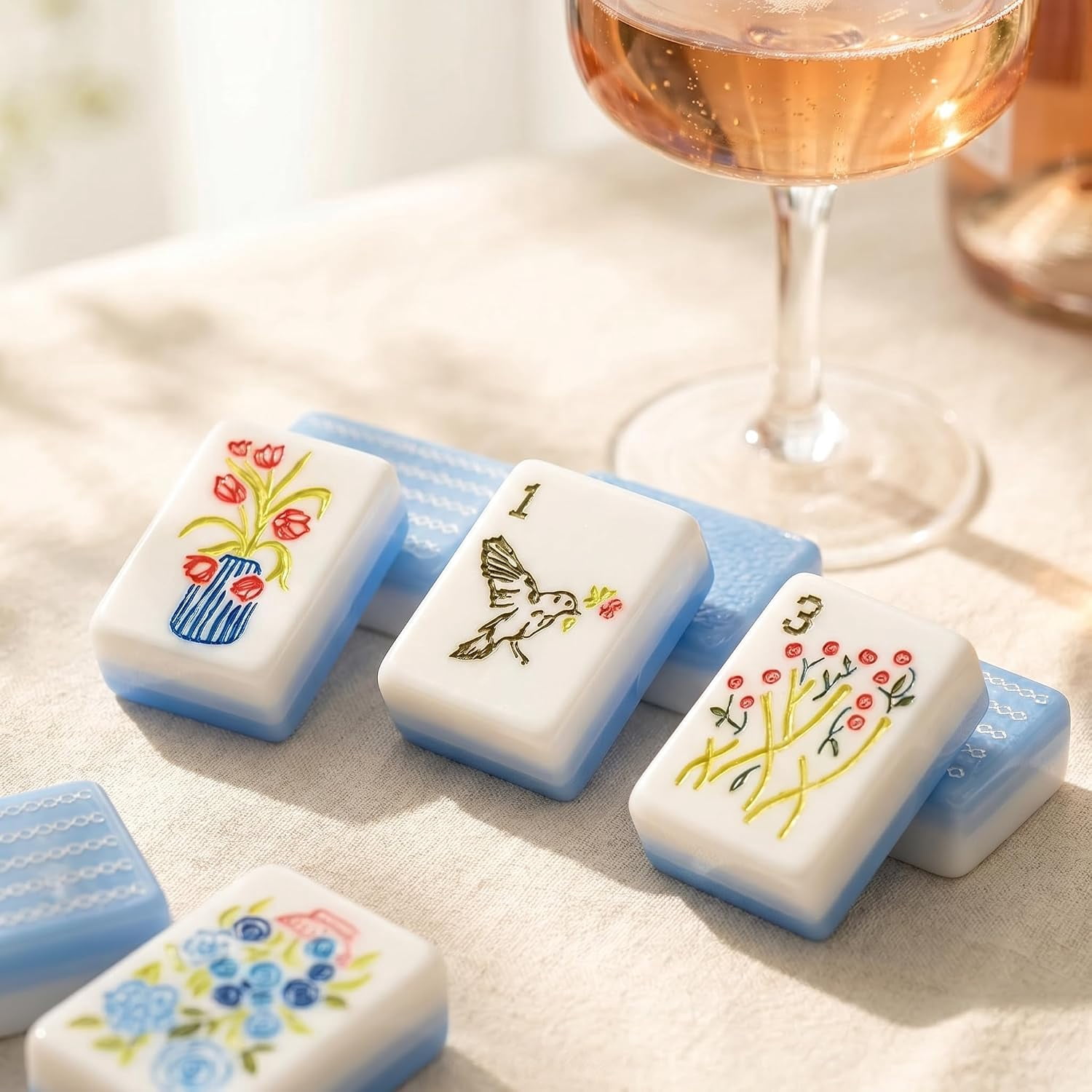 Blue & White Floral American Mahjong Set, 160 Acrylic Tiles, Travel Game Set with Bag