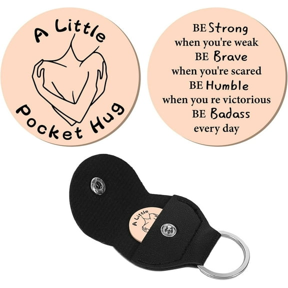 A little Pocket Hug Token Long Distance Gifts Keepsake Stainless Steel Human Double Sided Coin with Leather Keychains for Inspirational Thinking Women Valentines Day 1.2 x 1.2Inch-Rose Gold