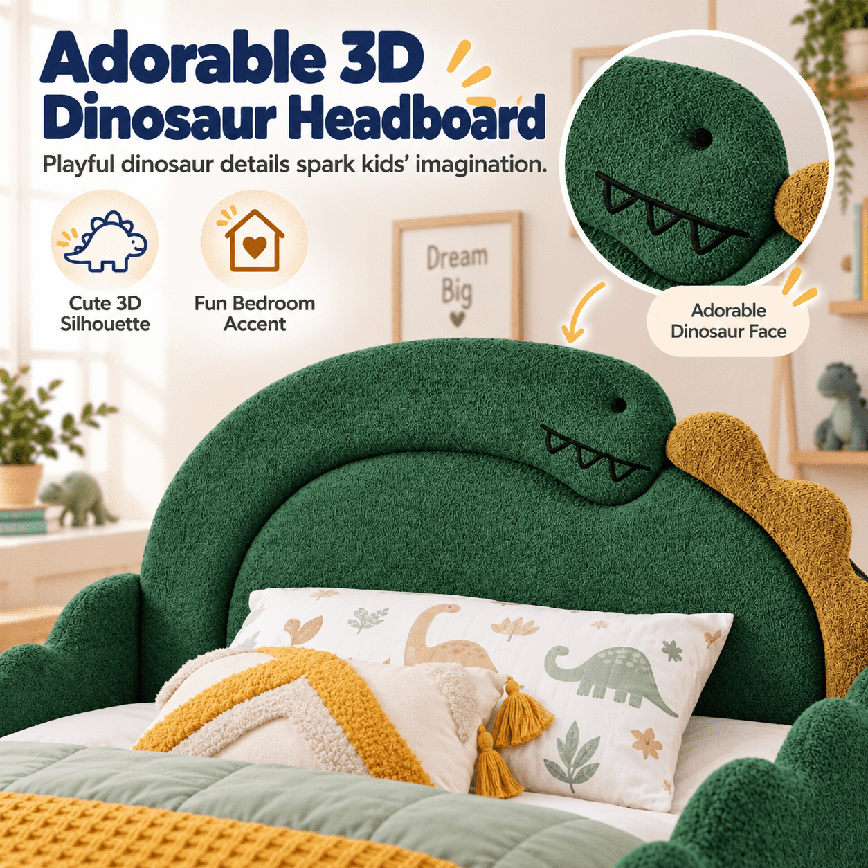 Wakefit Full Size Dinosaur Bed for Kids with Safety Guardrails,Boucle Upholstered Platform Bed Frame with 3D Dinosaur Headboard,Floor Bed for Boys & Girls,No Box Spring Needed,Green