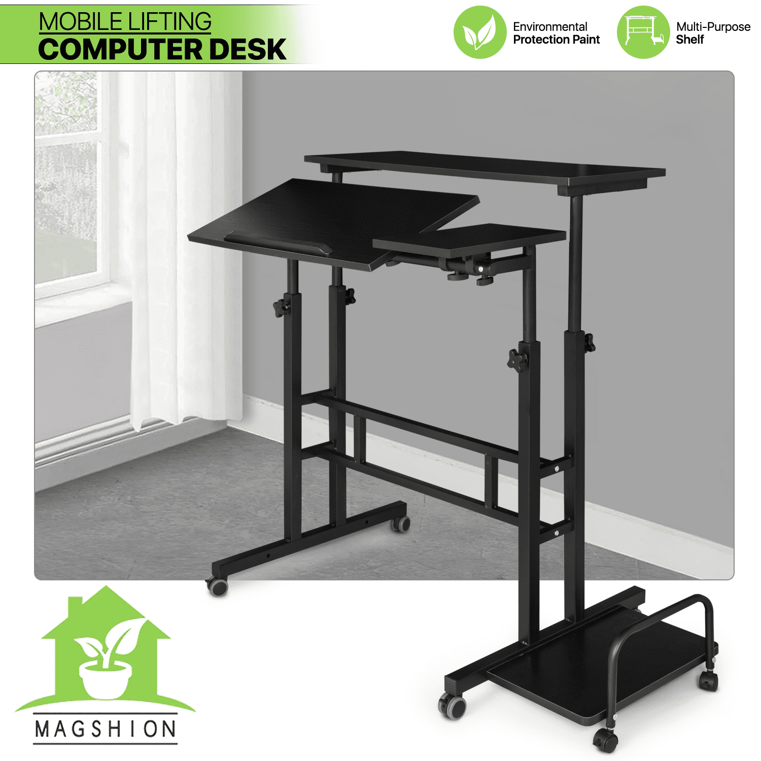 Magshion Complete Computer Workstation Desk, Rolling Laptop Table with Monitor Shelf & Host Rack for Home, Black