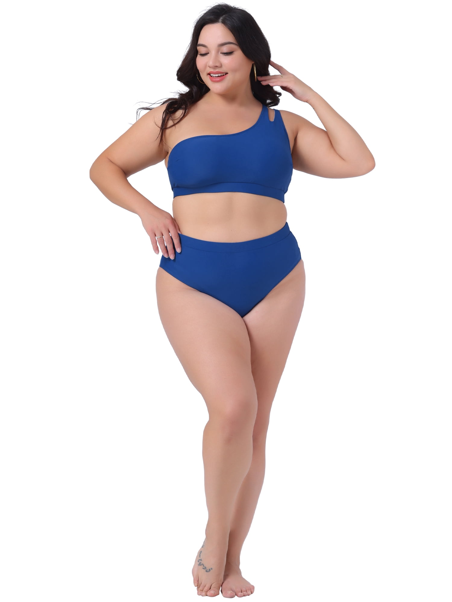 DARING DIVA Plus Size Women's Bikini Two Piece One Shoulder Swimsuit 2X Navy Blue