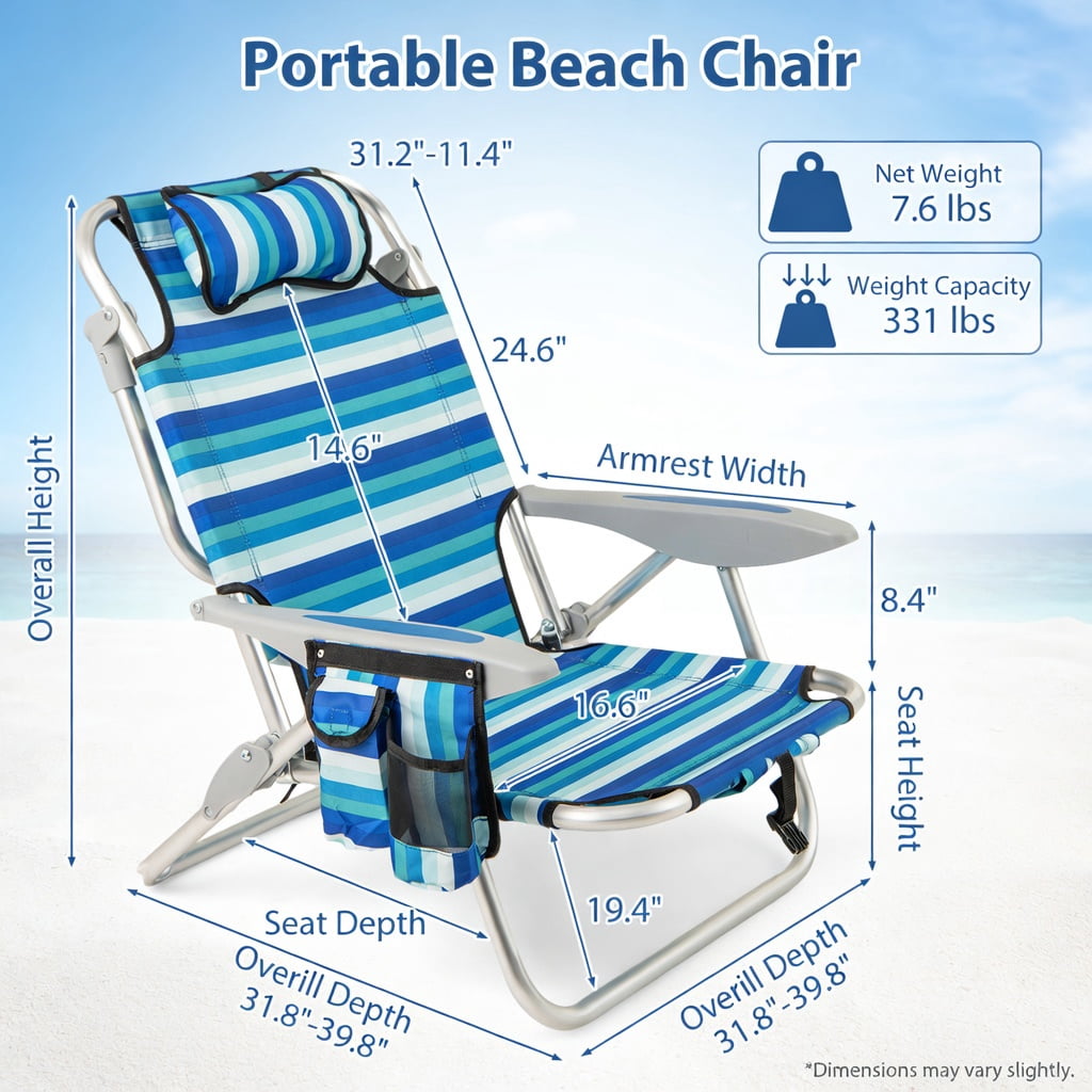Hommoo Premium Folding Beach Chair for Adults, 4-Position Adjustable Backrest, Lightweight Aluminum Frame, Oxford Fabric Seat, Built-in Cooler Bag & Towel Bar, Blue