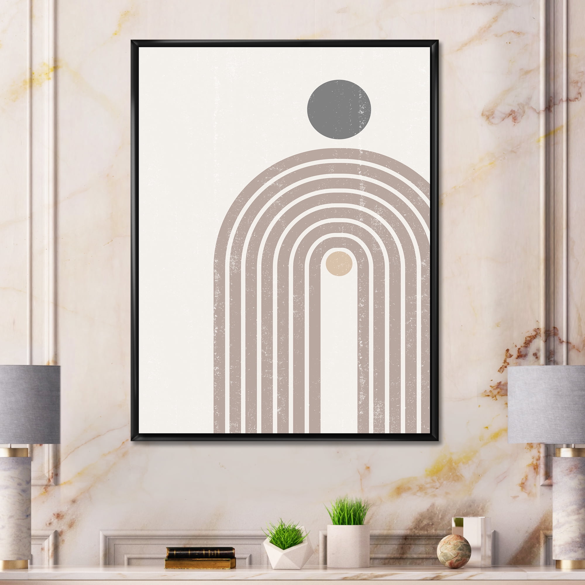 Designart 'Abstract Rainbow Moon and Sun In Earth Tones I' Modern Framed Canvas Wall Art Print