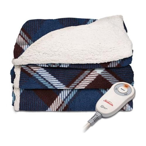 Sunbeam Sherpa Microplush Electric Heated Throw Blanket Sebastian Plaid Blue