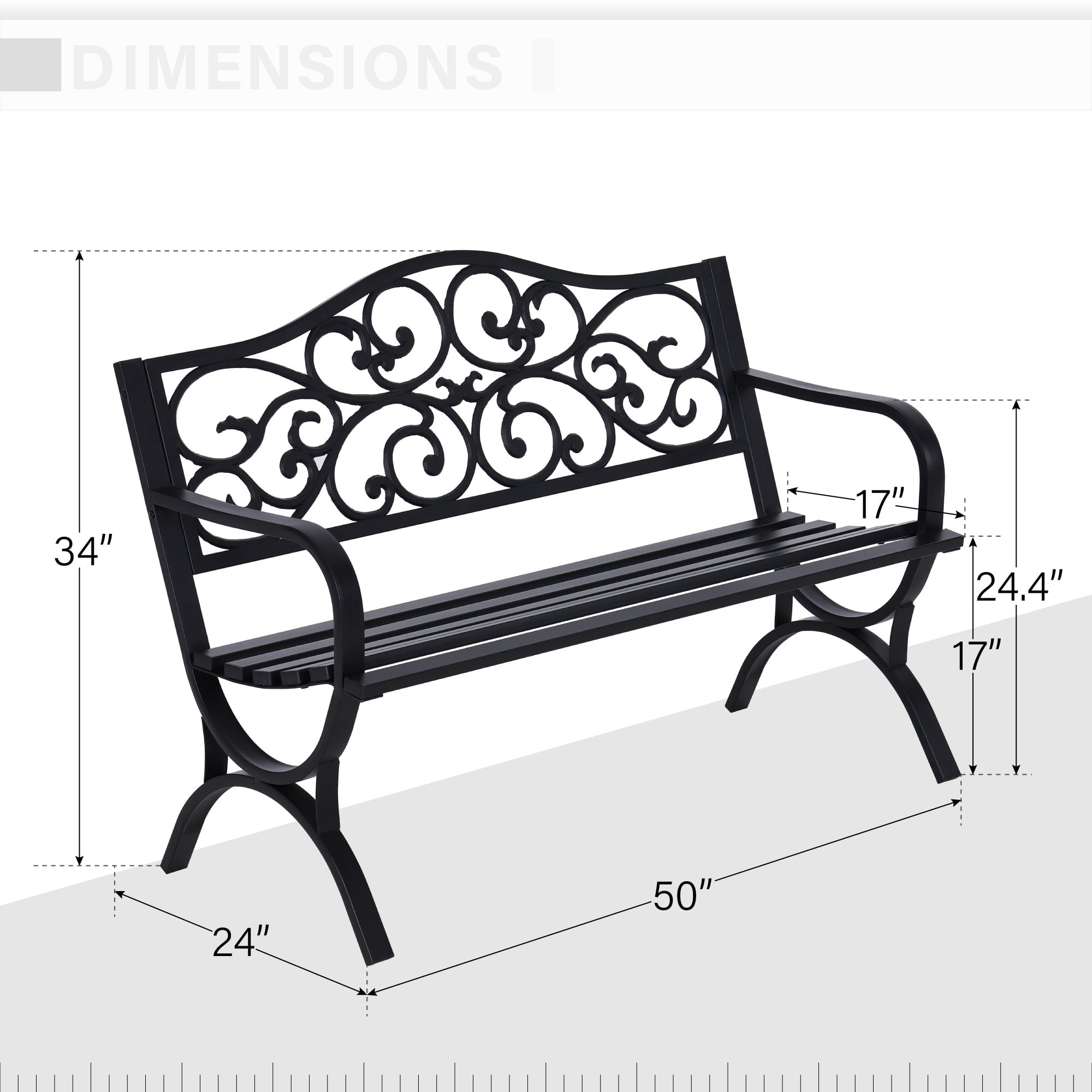 50" Outdoor Garden Bench Chairs, Cast Iron Metal Frame Patio Park Bench, Black
