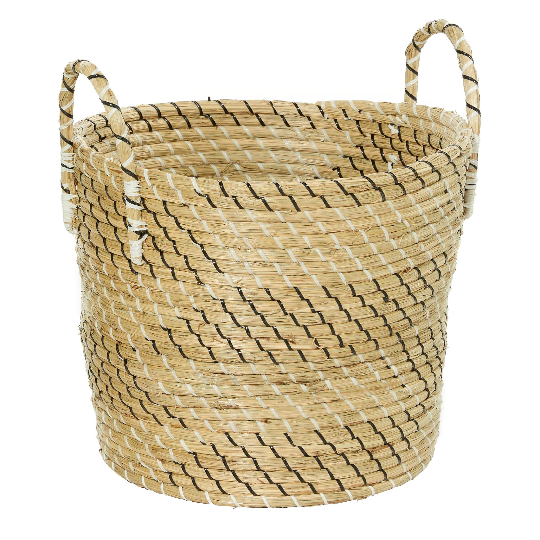 DecMode 14", 17", 19"H Beige Seagrass Handmade Woven Storage Basket with Black and White Zig Zag Pattern, 3-Pieces