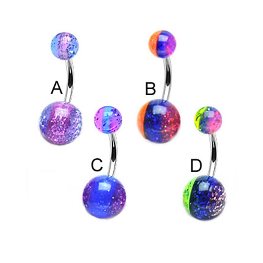 MsPiercing Belly Button Ring With MultiColored Glitter Stripe Balls