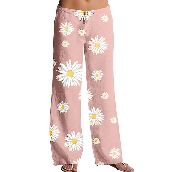 QAFOPEH Women Daisy Print Midi-Waisted Wide Leg Pants