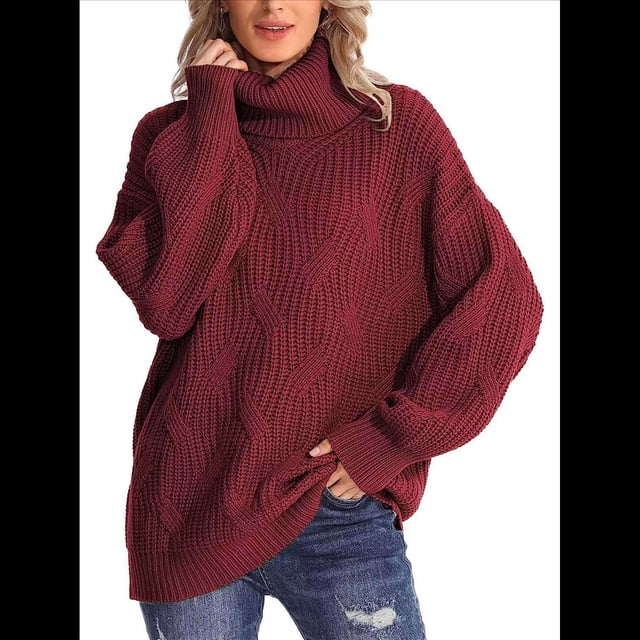 Suéter de Cuello Alto, Larga, Estilo Globo, Liso, para Mujer, para Invierno y Otoño. Vino Tinto XL
