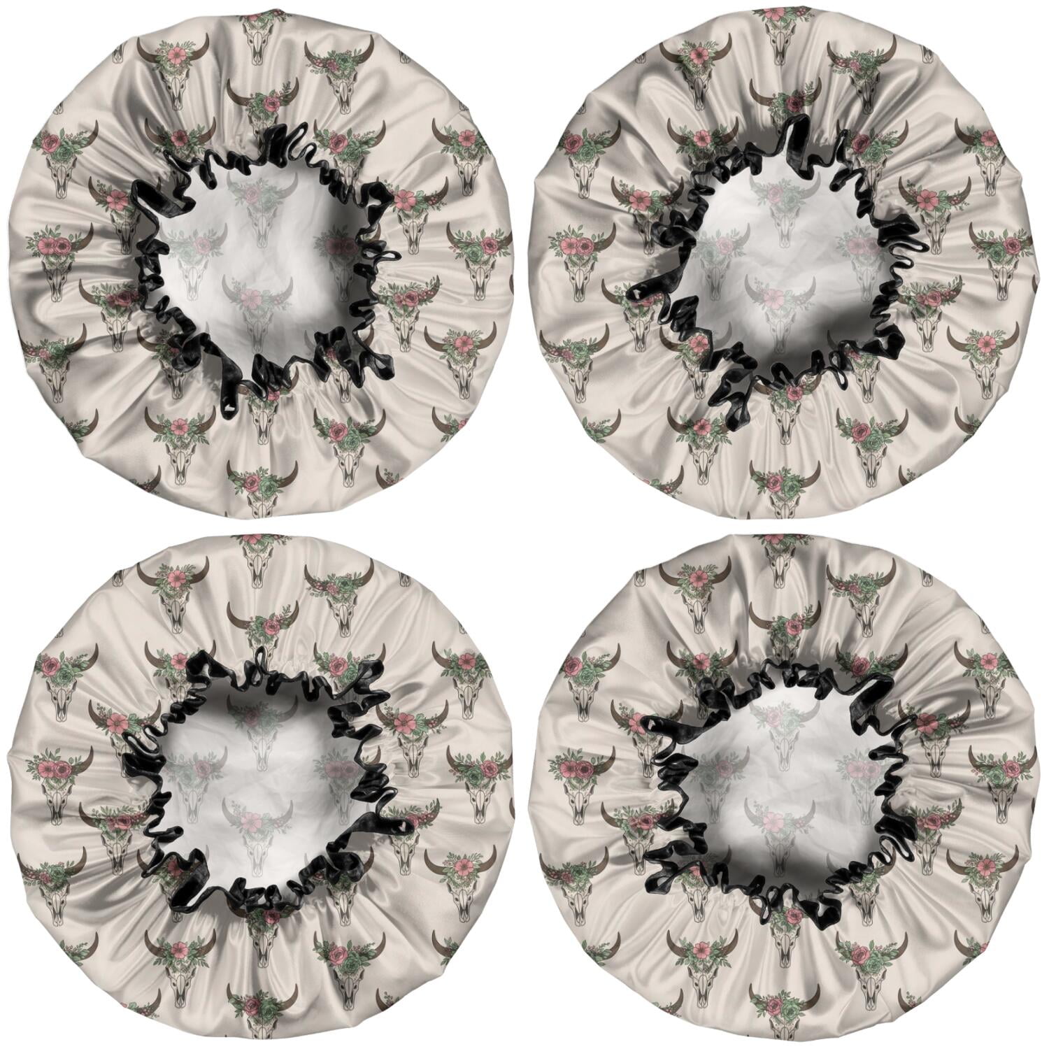 Shower Caps,Beige Buffalo Skull Flower Pattern Waterproof Shower Cap for Women 4 Pieces,Double Reusable Hair Cover for Shower PEVA Elastic Stretch Hem