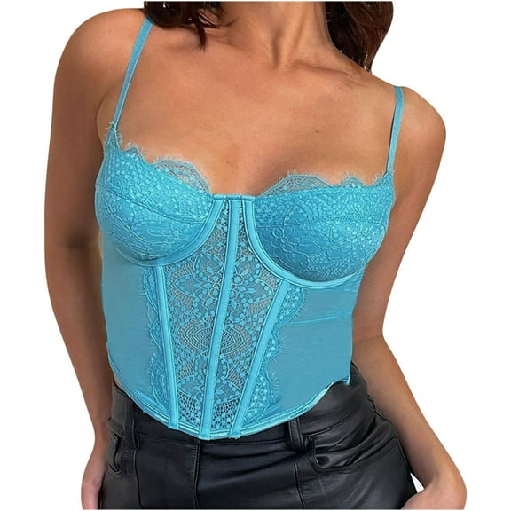 Wycnly Tank Top for Women Solid Summer V-Neck Sleeveless T Shirts Sexy Lace Camisole Party Club Going Out Strap Croset Tops Blue s Clearance Under $5