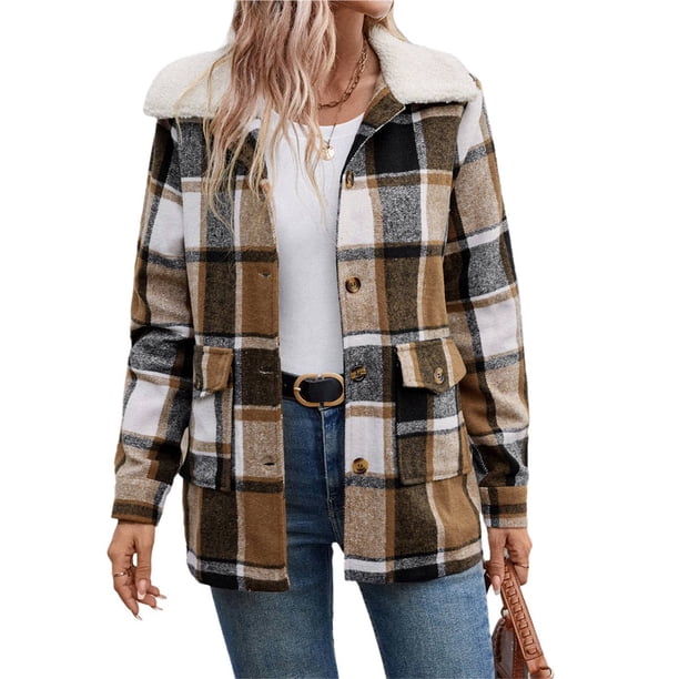 Chaqueta de Solapa A Cuadros para Mujer, de Larga, con Capucha de Forro , Abrigo Cálido para Otoño e Invierno Caqui M