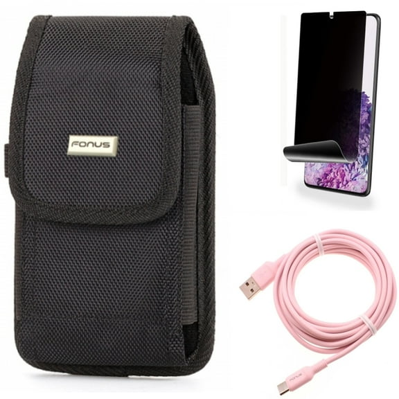 10ft Long USB-C Cable w Case Belt Clip w Privacy Screen Protector for Samsung Galaxy S20 Plus - Pink Charger Cord Power Wire, Swivel Holster Rugged, TPU Film [NOT GLASS] fits Galaxy S20 Plus