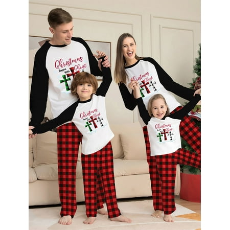 

Peyakidsaa Christmas Family Pajamas Matching Set Letter Print Long Sleeve Tops Plaid Pants Holiday Sleepwear
