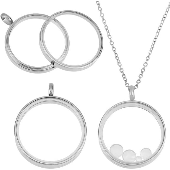 1 Box 2Pcs Floating Locket Charms 304 Stainless Steel with Glass Round Clear Photo Frame Charms for Memory Picture Pendant Necklace Jewelry Making
