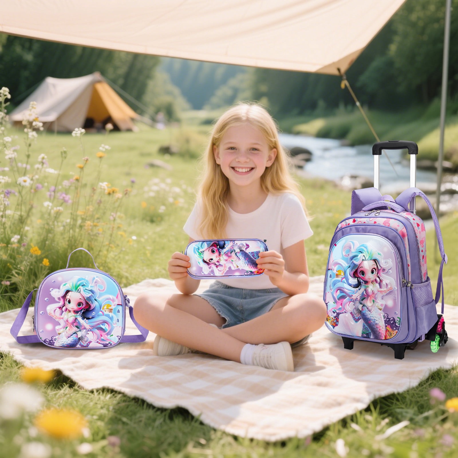IvyH Rolling Backpack 3pcs Wheeled Backpack Lightweight Waterproof Bag Set with Lunch Bag Pen Case,Purple Mermaid