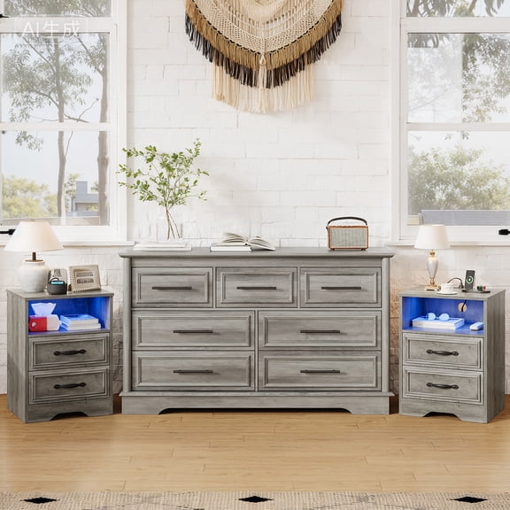 LGHM 3 Piece Bedroom Dresser Set, Farmhouse 7 Drawer Dresser, 2 Drawers Nightstand with Outless and LED Lights, Gray Wash
