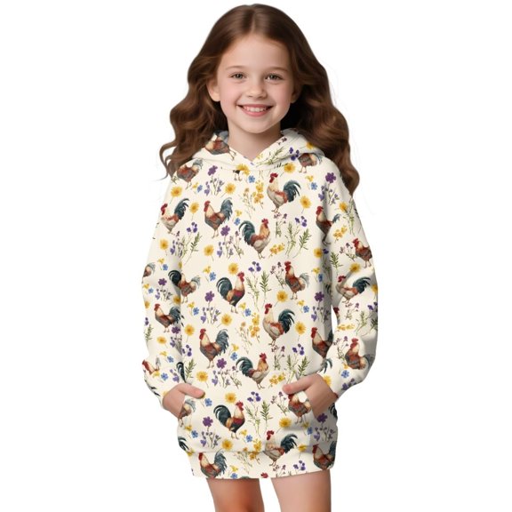 Psesaysky Girls Funny Rooster Flower Print Fleece Pullover Hoodies Casual Loose Sweatshirt with Pockets Hoodie Dress Fall Winter Outwear Coat for 9-10 Years