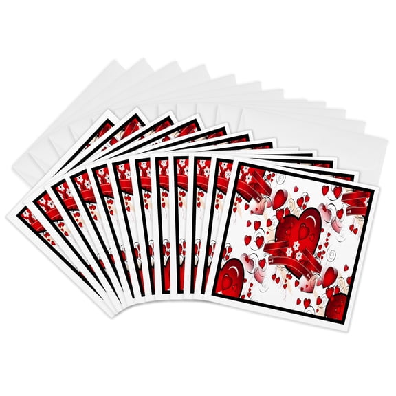 3drose, Valentine Red Hearts, 12 Greeting Cards with Envelopes