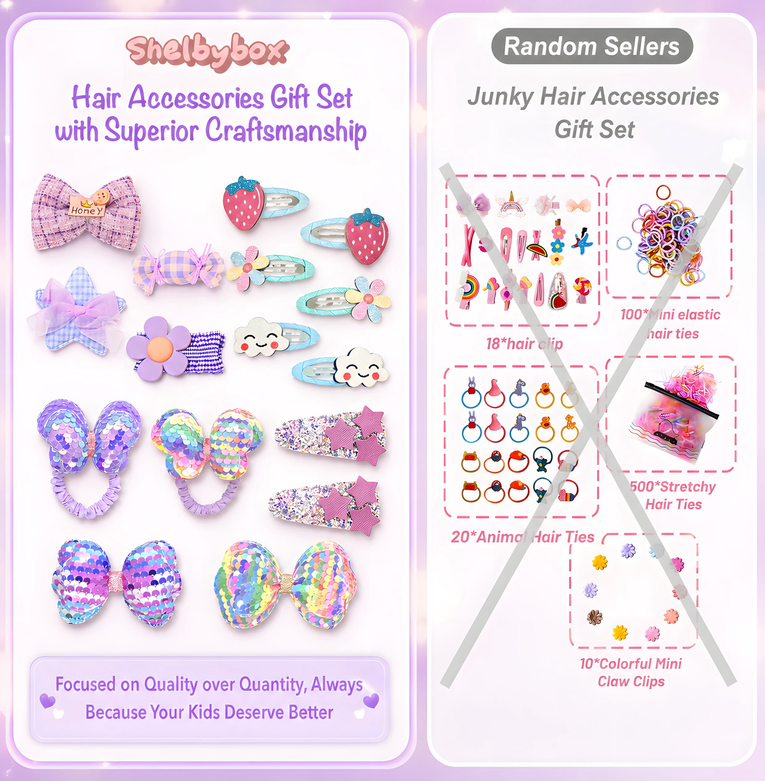 Shelbybox Hair Accessories for Girls Gift Set, 25 Pieces Purple Hair Clips, Barrettes, Ponytail Ties, Bows, Mirror & Unicorn Comb, Toddler Hair Set
