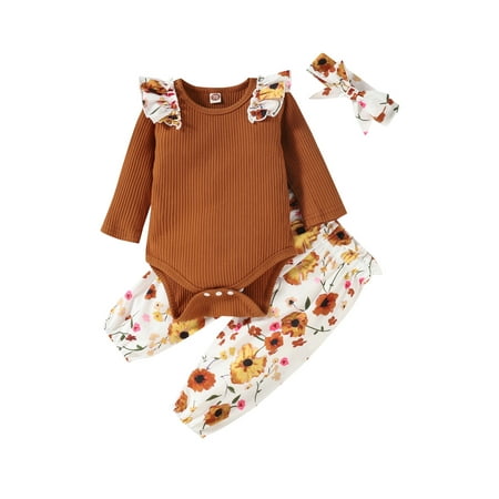 

IZhansean Newborn Infant Baby Girl Clothes Long Sleeve Rompers Tops+Floral Pants with Headband 3Pcs Fall Outfits Khaki 6-9 Months