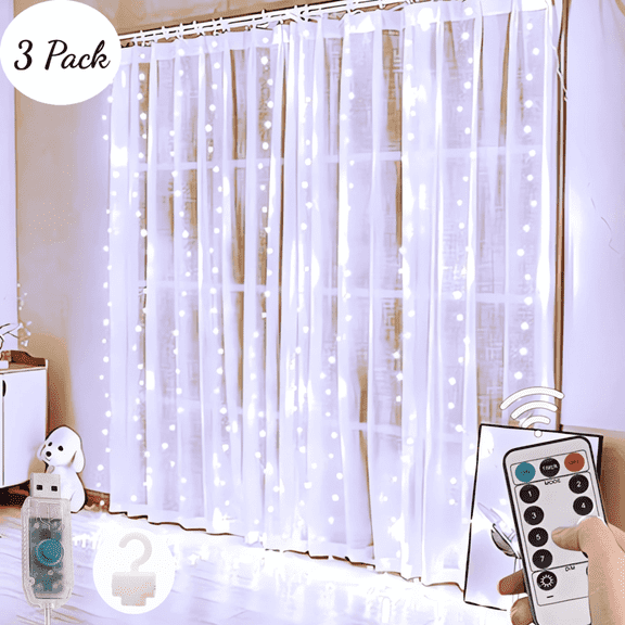3 Pack 8 Modes Curtain Lights,900 LED Twinkle Light Curtains,USB Christmas Curtain Lights for Bedroom Party Wedding Wall,Cool White,9.9 x 9.9 ft