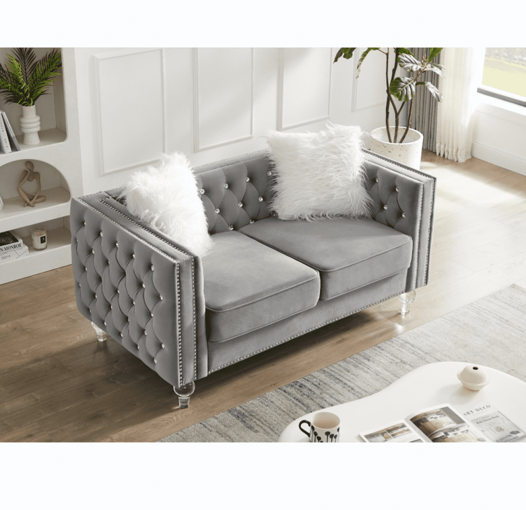 Modern Velvet Upholstered Loveseat Sofa with 2 Plush Pillows, Leisure 2-Seater Couch with Crystal Feet and Buckle, Lounge Sofa for Living Room, Bedroom, Office, Apartment, Gray