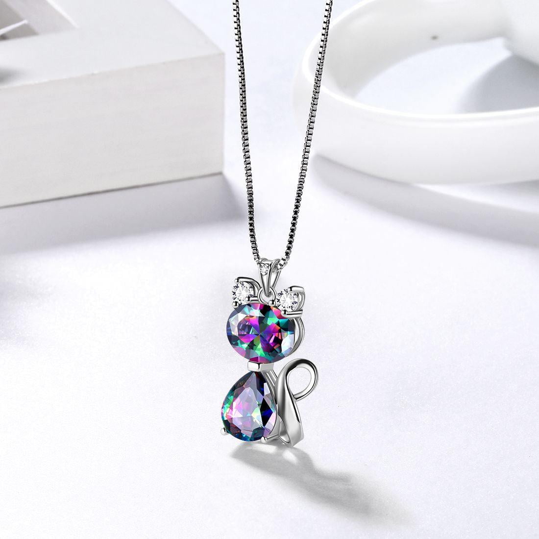 Juwaliy Cat Necklace 925 Sterling Silver Pendant Crystal Rainbow Mystic Topaz Necklaces Jewelry Women Daughter Wife Mother Christmas Birthday Gift