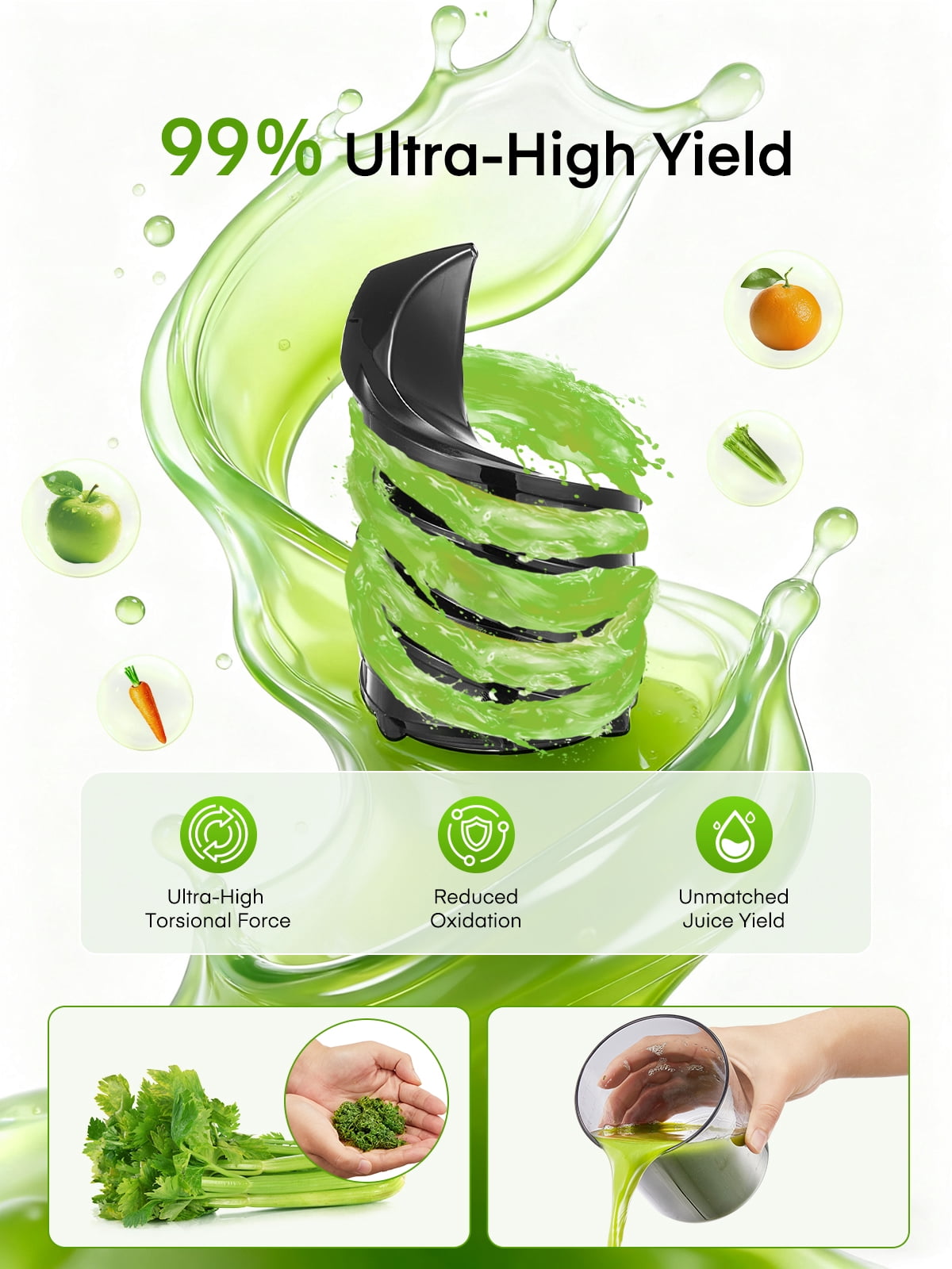 Juilist Juicer Machine for Fruits and Vegetables, BPA-Free, High Juice Yield, 60 RPM, Easy to Clean, Includes Cleaning Brush, Black