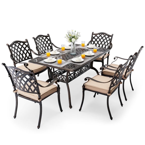 7-Piece Outdoor Dining Set Cast Aluminum Retro Balcony Patio Dining Set for 6, 59'' Table with Umbrella Hole and 6 Chairs with Cushion