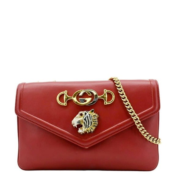 Pre-Owned GUCCI Rajah Tiger Head Leather Chain Shoulder Bag Red 537241