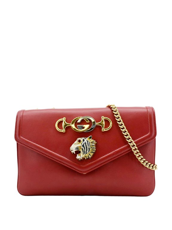 Pre-Owned GUCCI Rajah Tiger Head Leather Chain Shoulder Bag Red 537241