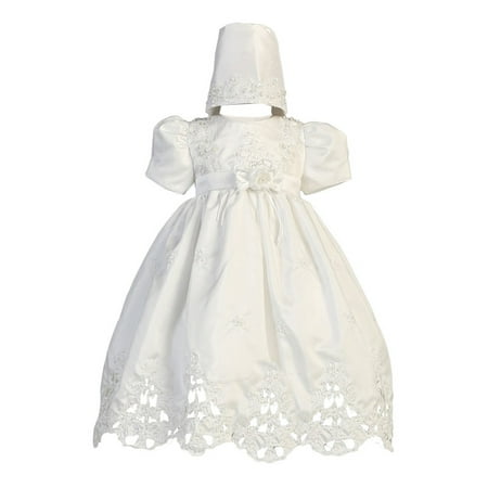 - Baby Girls White Shantung Cutwork Dress Bonnet Christening Set 6-24M