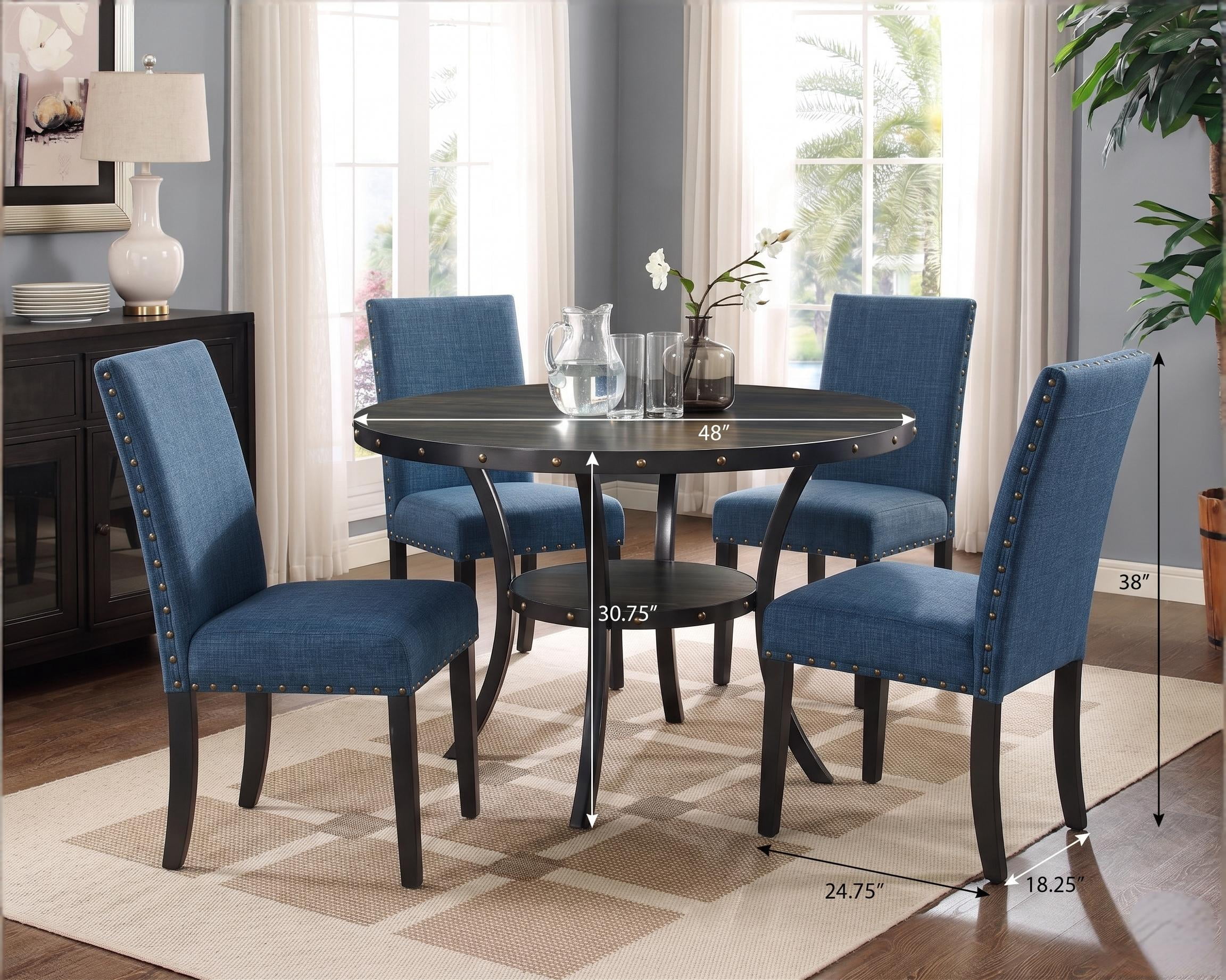 Howcool 5-Piece Espresso Wood Round Dining Set, 4 Upholstered Fabric Nailhead Trim Chairs with Lower Storage Shelf for Kitchen & Dining Room