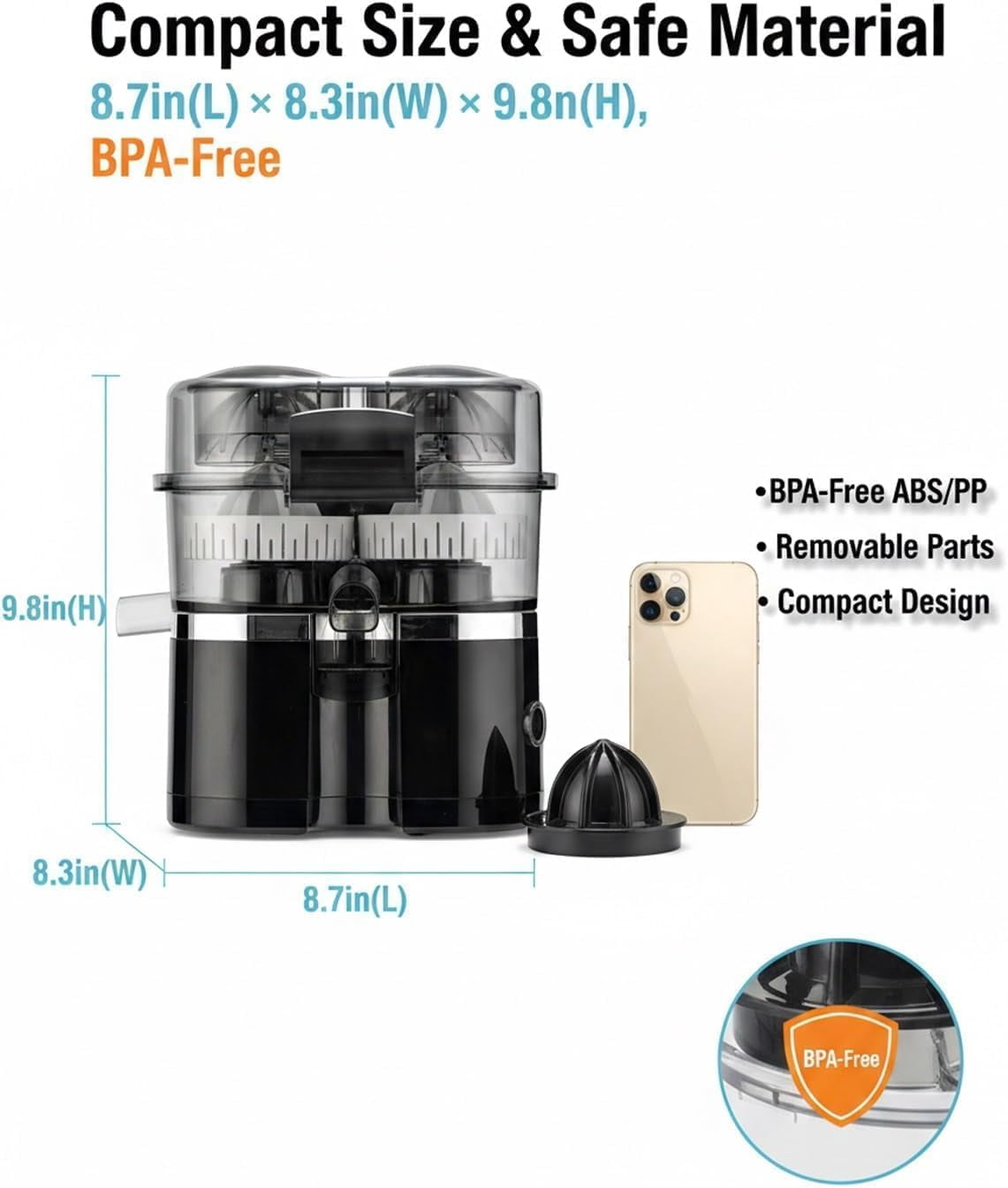 Dual-Head Automatic Citrus Juicer, Electric Juicer Machines with Double Head and Built-In Fruit Cutter, 100w Automatic Orange & Lemon Squeezer, For Home Detachable & Easy to Clean (Black)