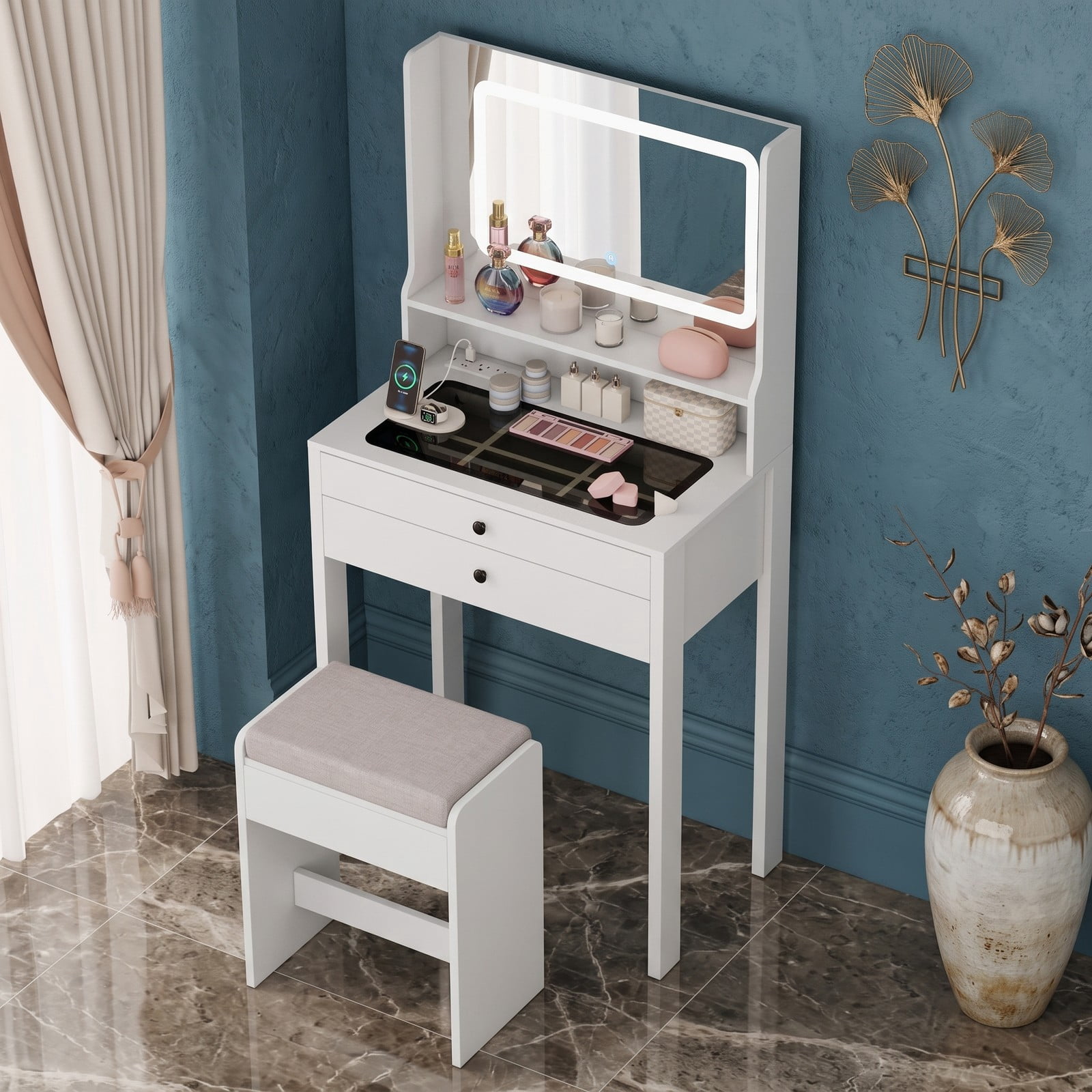Furnibear Small Vanity Desk with Mirror and Lights, Compact Makeup Vanity Table with Power Outlets, 2 Drawers and Cushioned Stool for Bedroom, White
