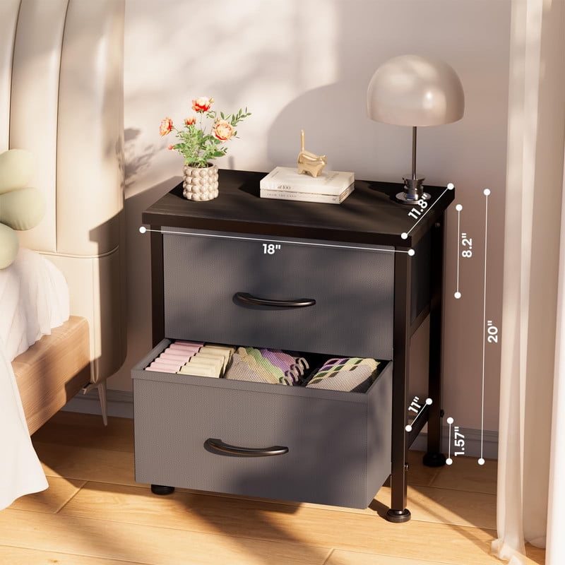 Simple Deluxe Nightstand 2 Drawers Dresser for Bedroom, 3-Tier Bedside Table with Fabric Bins, End Table for Living Room, wood top Load-bearing up to 44 lb, Grey