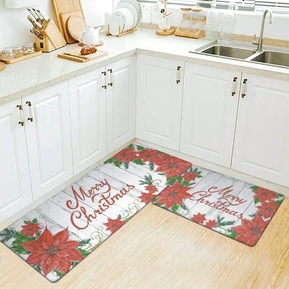MeyJey Christmas Anti Fatigue Kitchen Rugs and Mats, 2 PCS Non-Slip Waterproof Christmas Deccoration Runner Rug and Mat Set, White/Red