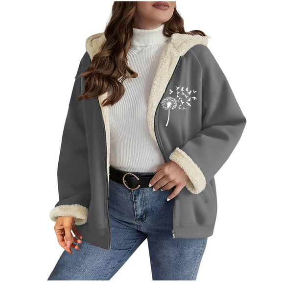 successthop Fleece Jacket Women Fleece Oversized Long Sleeve Hooded Coat with Pockets Zipper Casual Outwear