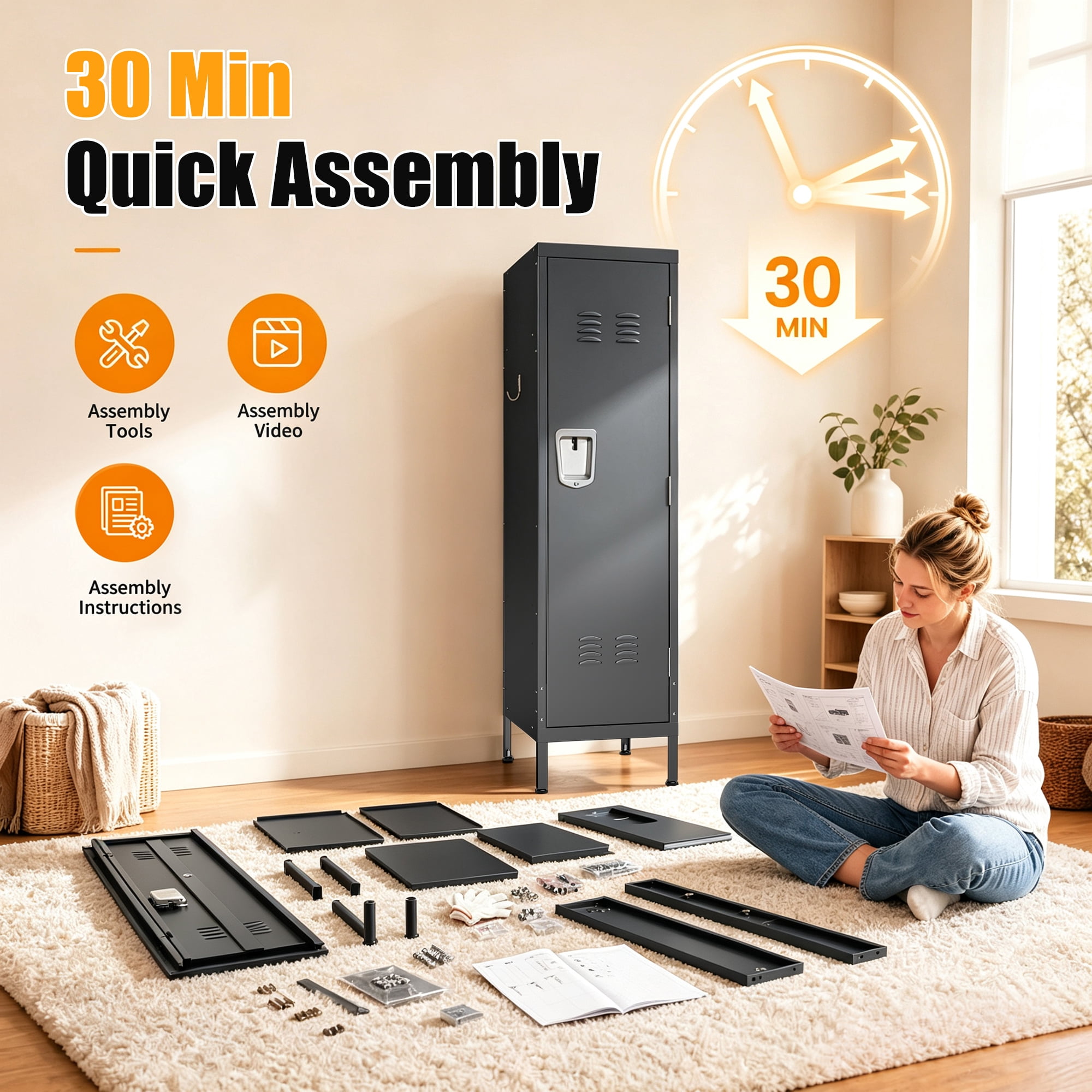 HOQBN 55" Tall Metal Wardrobe Cabinet,Waterproof Steel Clothing Storage Locker with Ventilated Door,Lock & Side Hooks,Vertical Bedroom Wardrobe for Small Apartment Home Office,Black