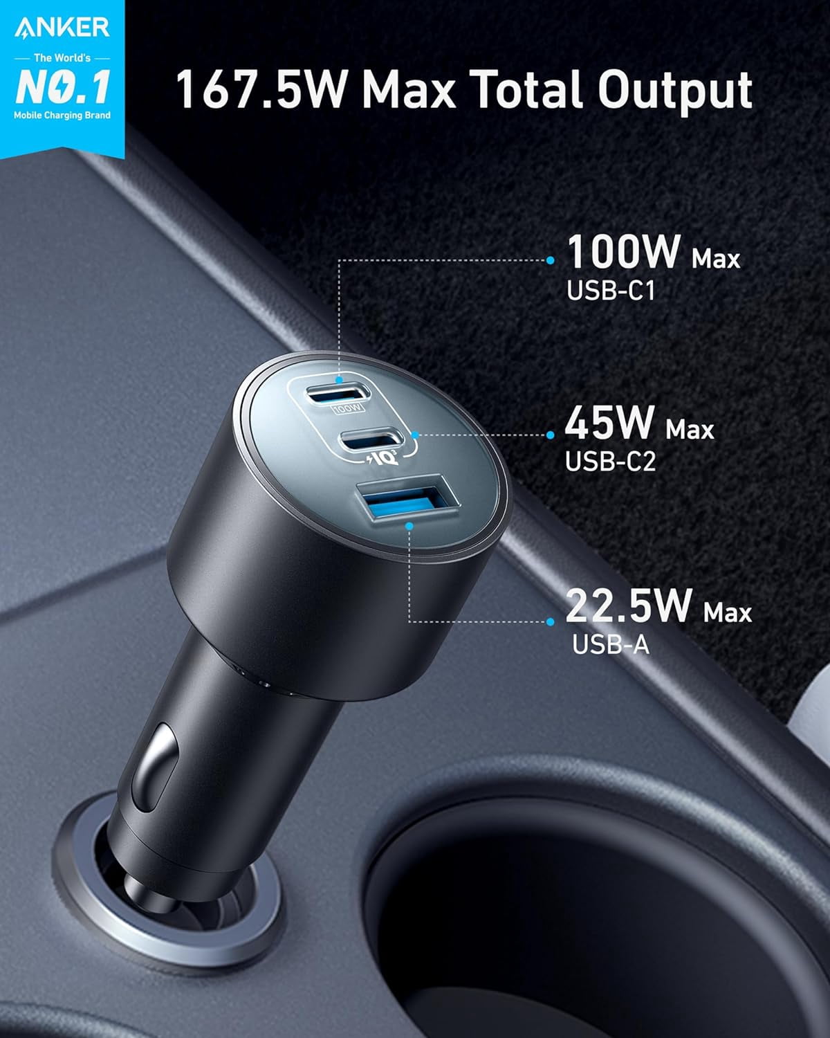 Anker USB-C Car Charger, 167.5W Max 3-Port Ultra-Compact Type-C Fast Car Charger