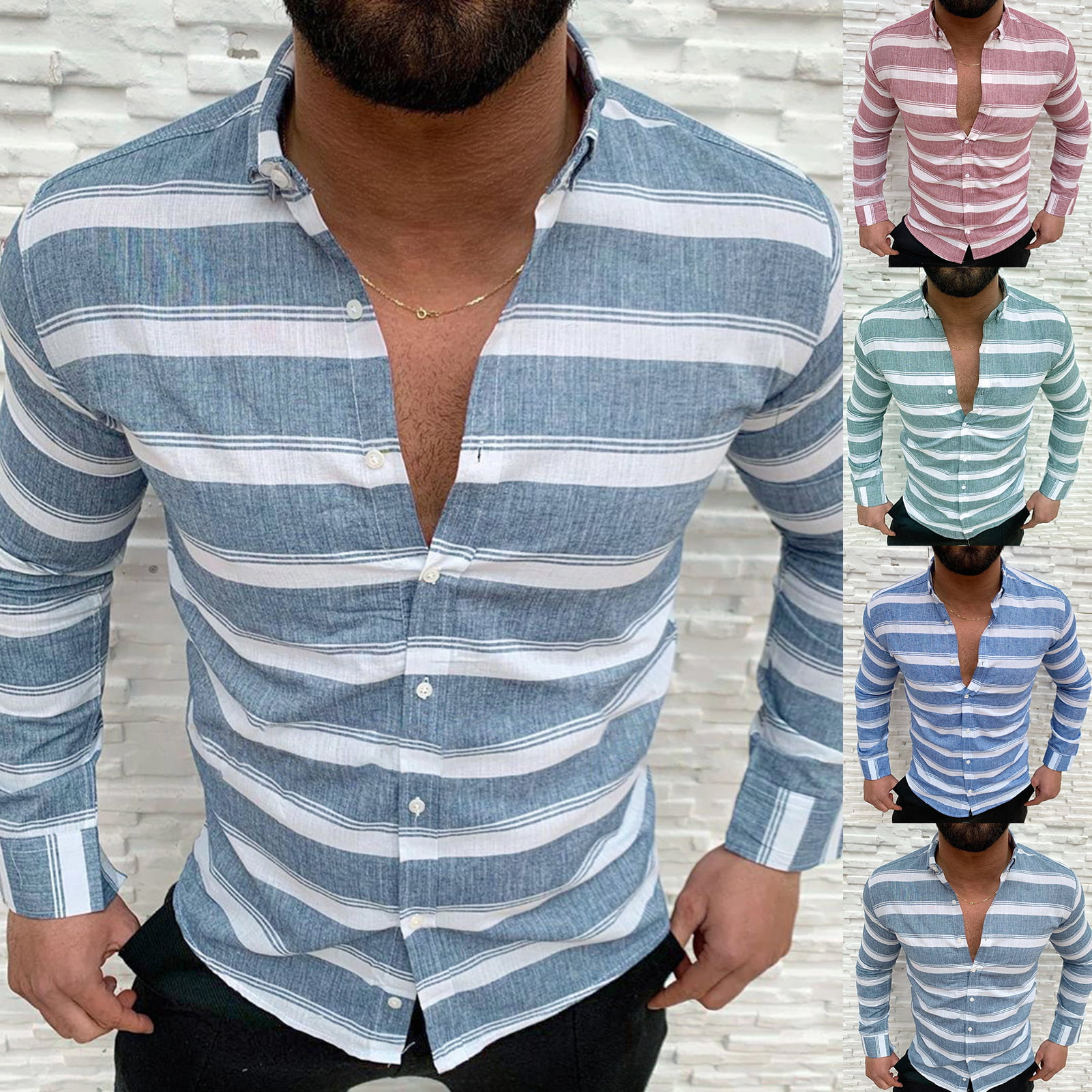 Domple Mens Long Sleeve All Lapel Stripe Club Button Down Shirts Tops 