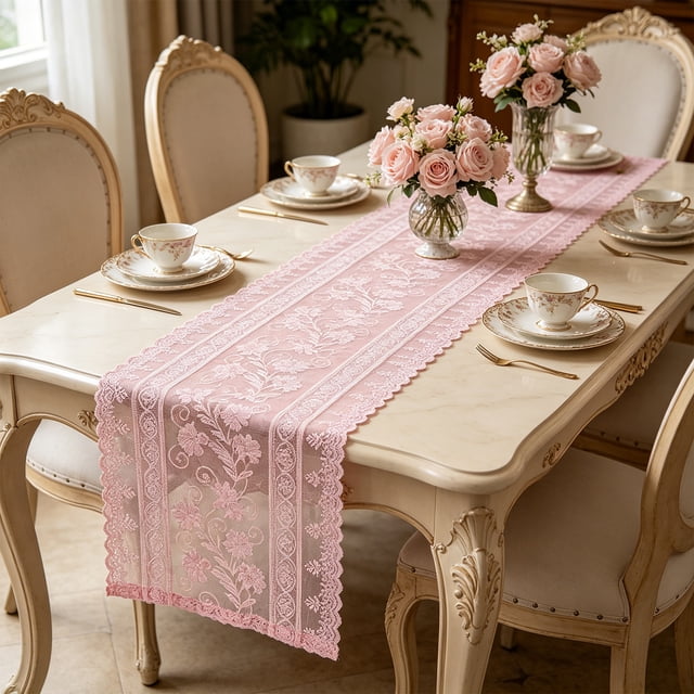 ZZkhGO Lace Tablecloth, Hollowed Out Rural Dining Table Decoration for Home, 11.81 x 70.87 Inch Strip Runner with Polyester Material for Tea Table, Coffee Table, Pink